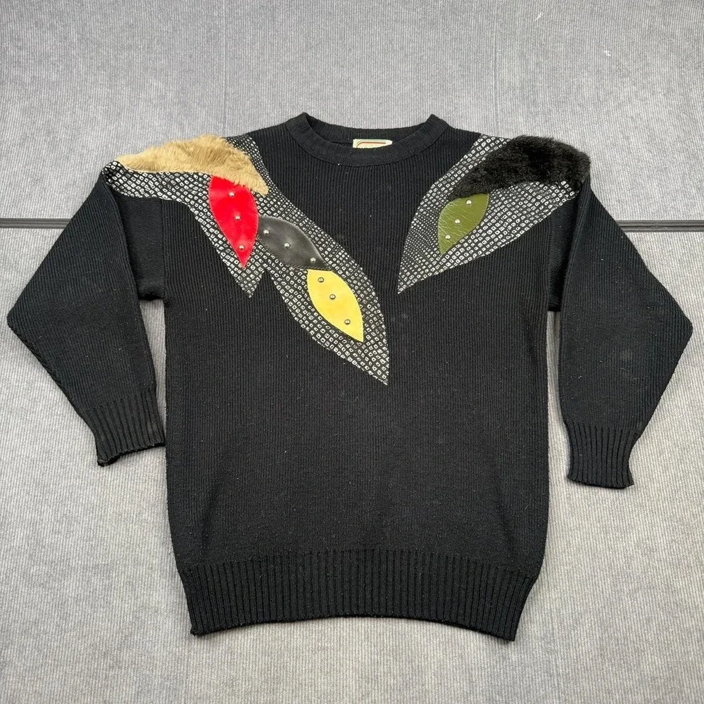 Vintage 80s BB Knit USA Sweater Size S Black Studded Leather Patchwork Oversized